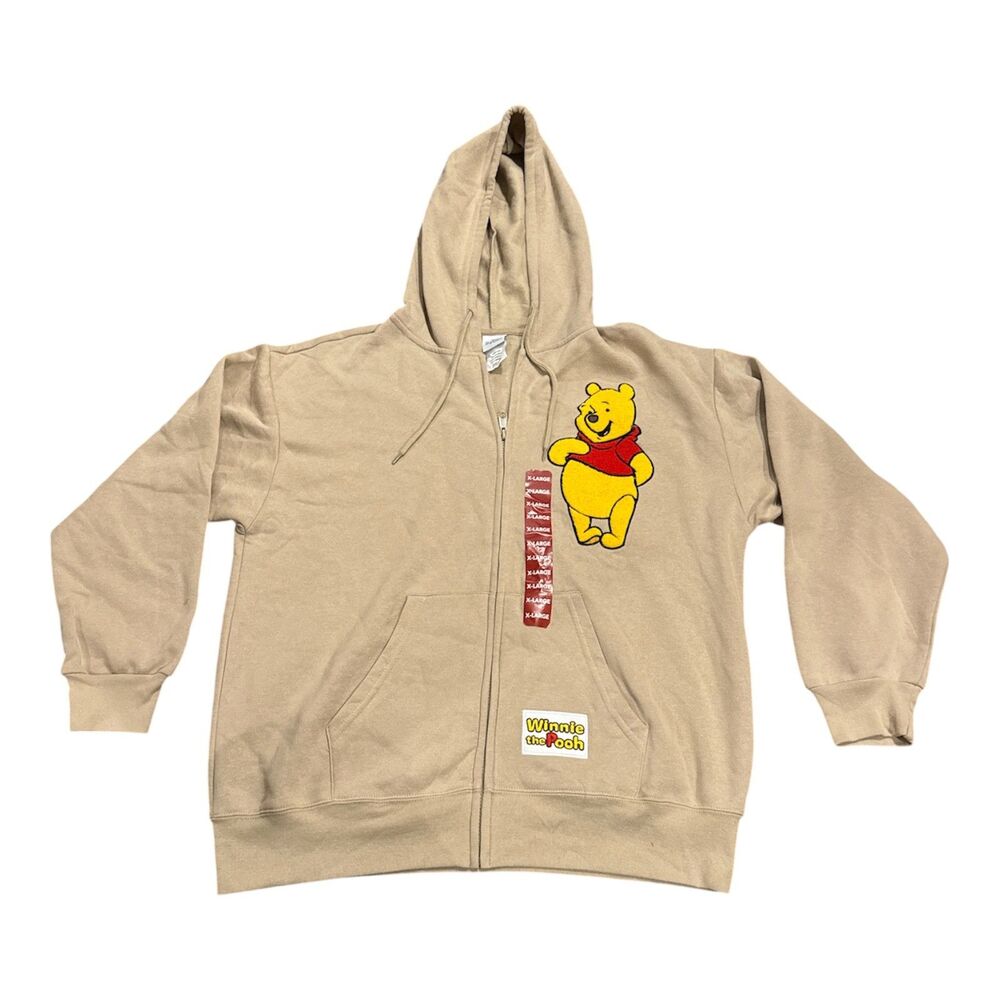NWT Disney Winnie the Pooh Full-Zip Hoodie Sweatshirt Sand Beige XL Patches